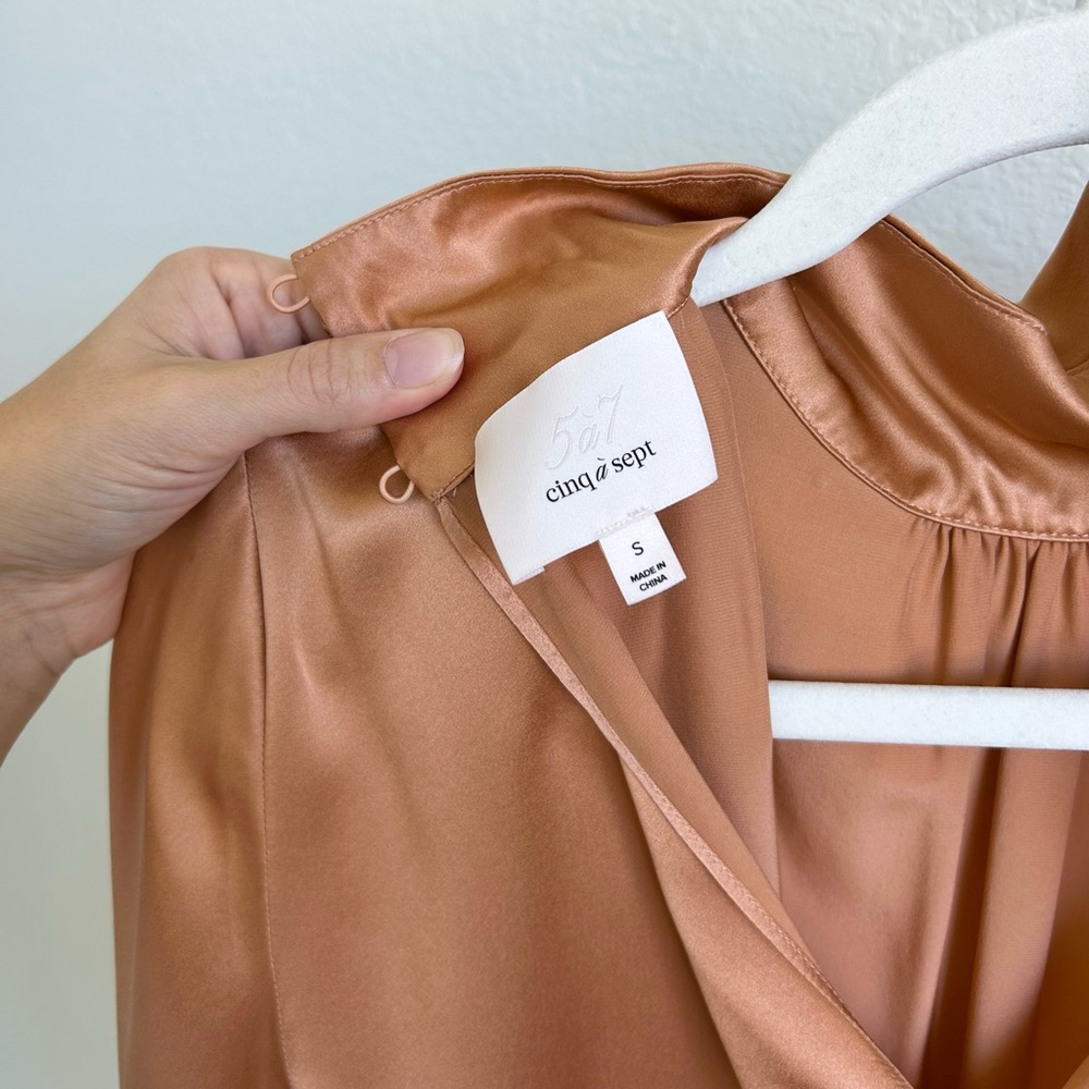 Cinq A Sept Jayla Silk Pleated Turtleneck Top in Bronze - Picture 4 of 10